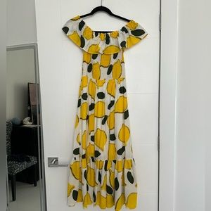 Lemon off the shoulder dress.